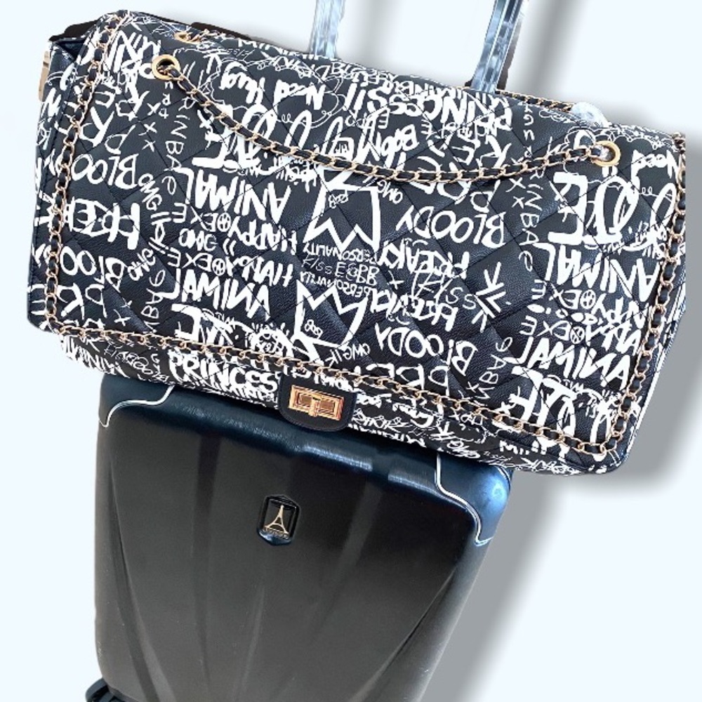 Black White Graffiti Jumbo Tote Bag Crossbody Convertible Top Handle Purse